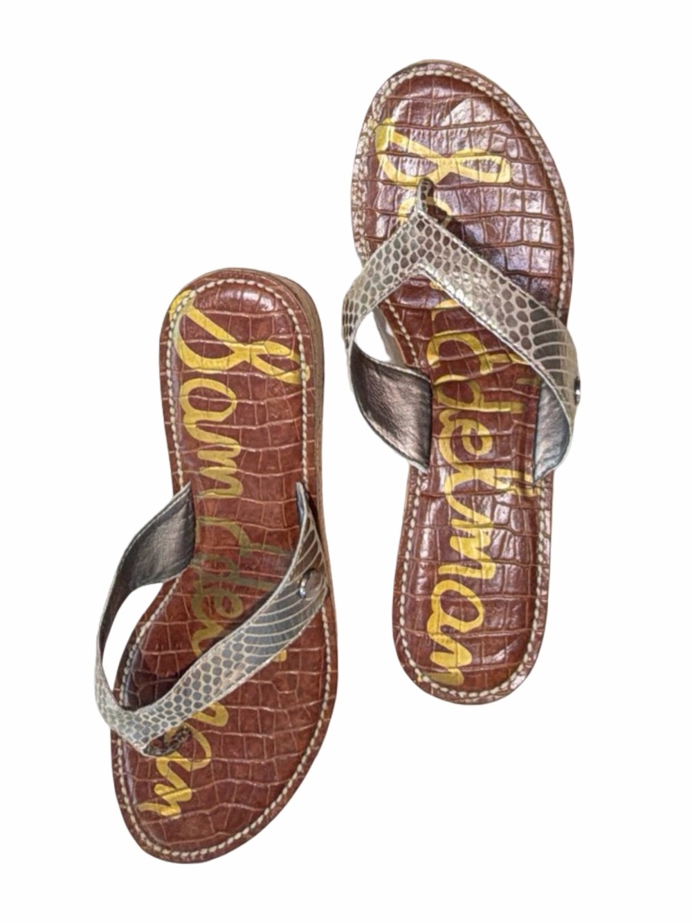 Sam Edelman Metallic Silver Snakeskin-Print Thong Sandals on Brown Footbed